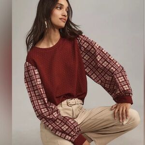 Anthropologie burgundy Mixed media plaid top size S